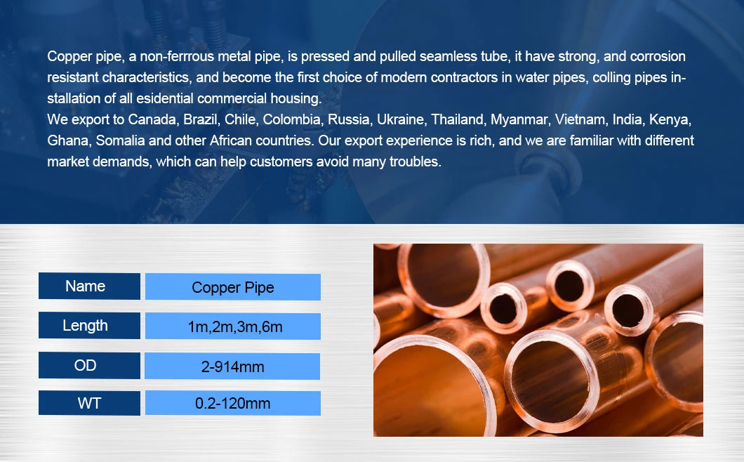 Factory Non-Alloy Copper Tubing Brass/Copper Pipe Tube for Refrigerator, Air Conditioner